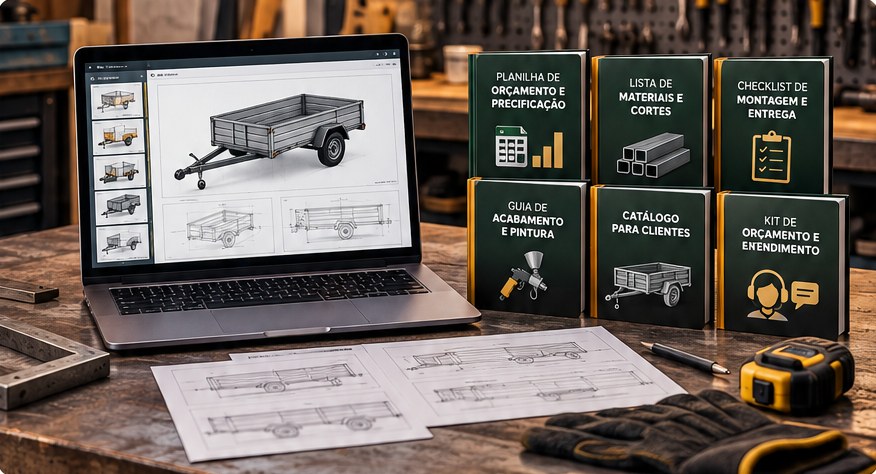 Notebook com projeto de carretinha e os sete materiais bônus
