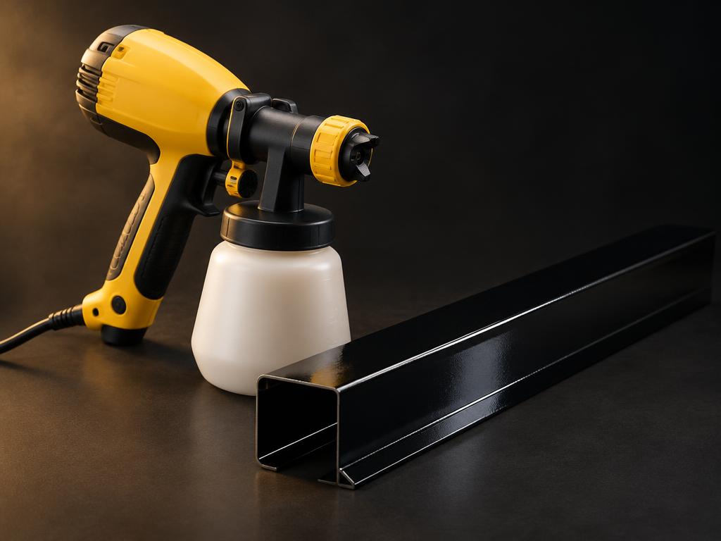 Pistola de pintura ao lado de um perfil metálico com acabamento