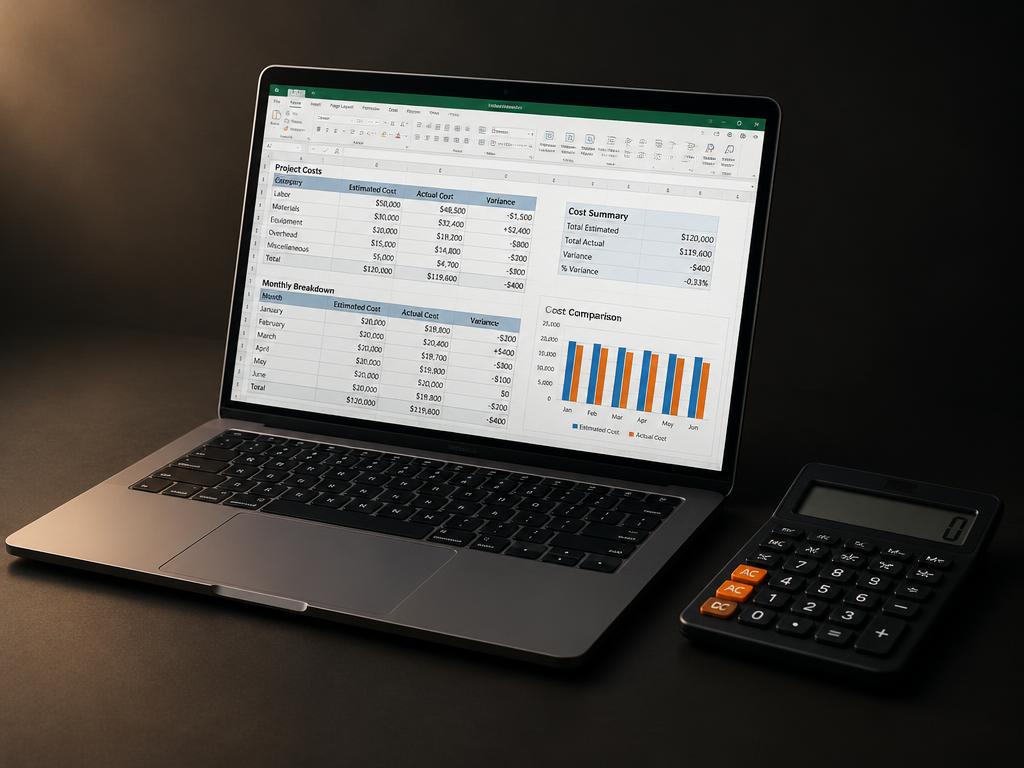 Notebook exibindo uma planilha de orçamento ao lado de uma calculadora