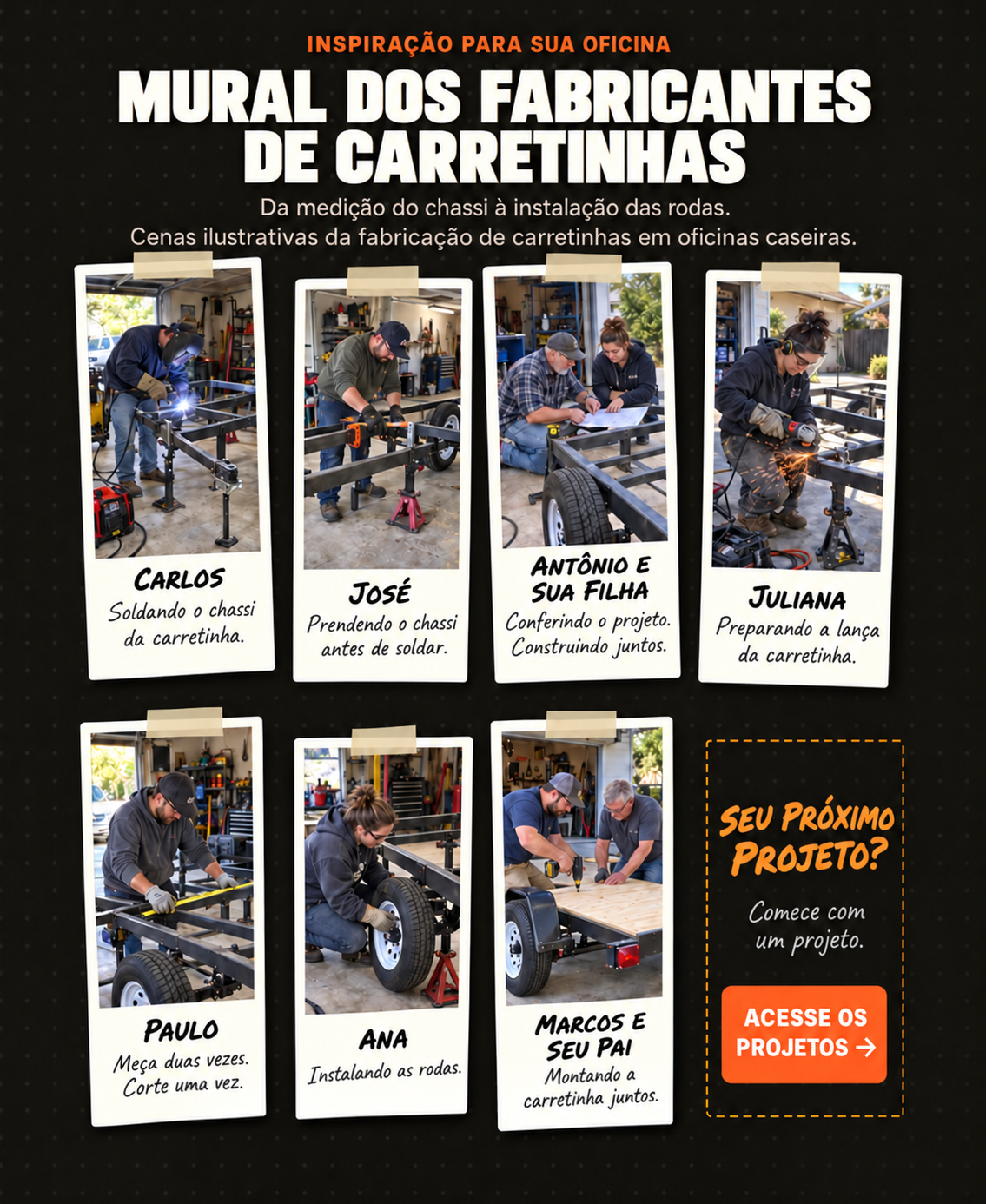 Mural dos fabricantes de carretinhas — cenas ilustrativas da fabricação em oficinas caseiras